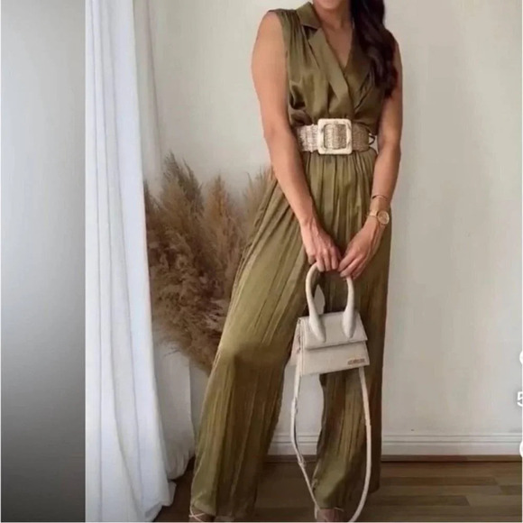 Zara Satin Effect Jumpsuit With Belt in Olive Green NWT Size Small - Picture 1 of 12